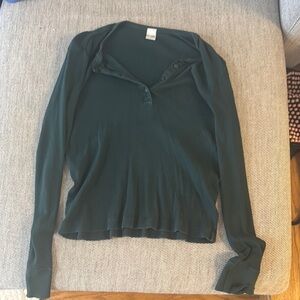 Re/Done Green Ribbed Knit Long Sleeve Polo Top Size L | Fitted |